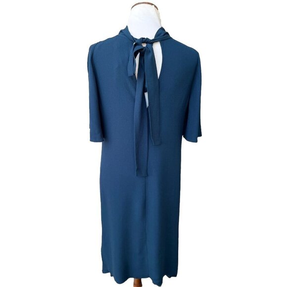 Lewit Women Green Scarab Mock Neck Back Tie Elbow Sleeve Rippling Dress Size 10 - Picture 3 of 16